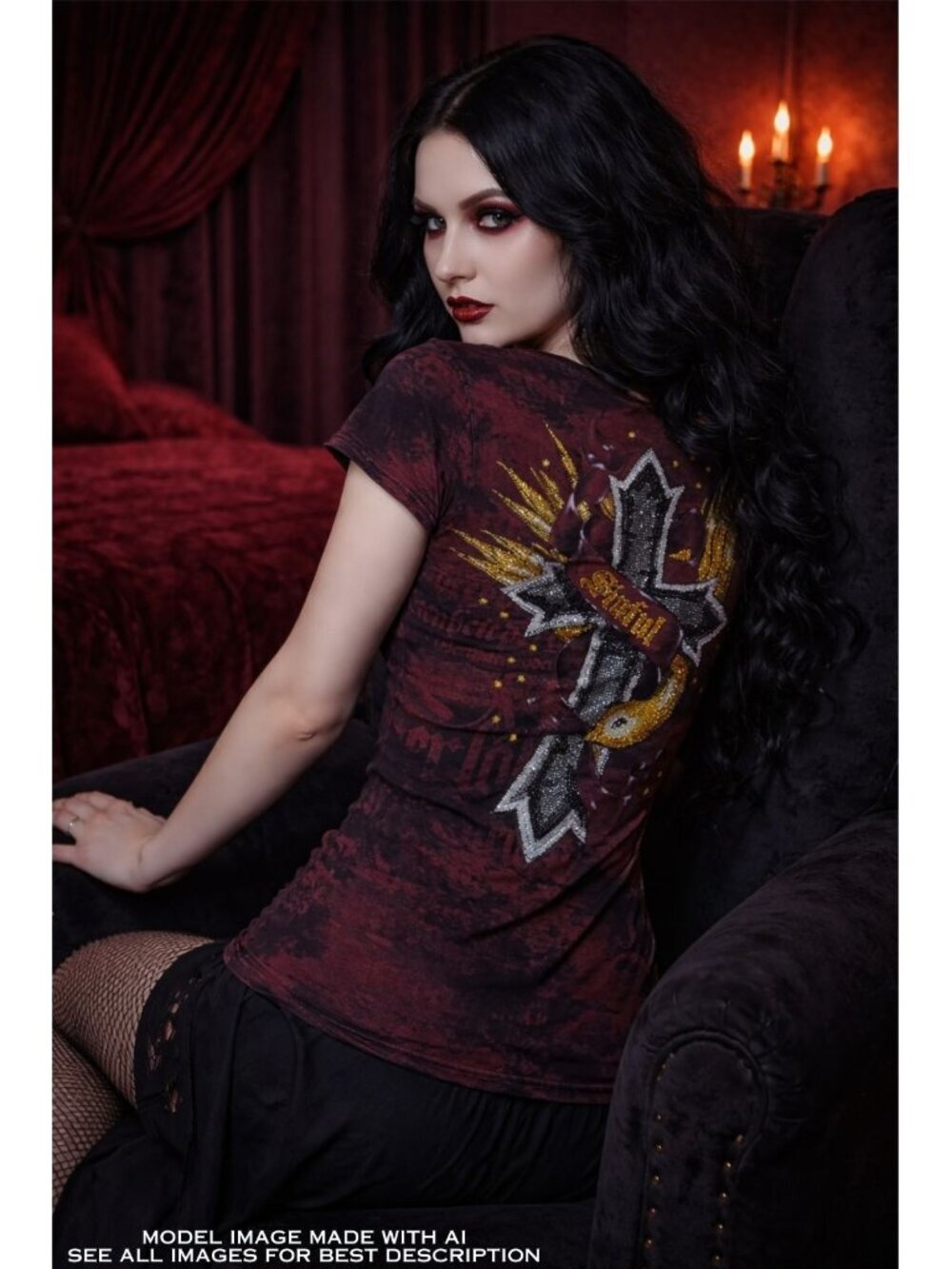 Y2K Sinful Affliction T Shirt M Fitted V Neck McBling Cross Goth Romantic Vamp